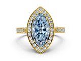 Yellow gold Fancy Blue Marquise Cut Halo Diamond Engagement Ring with Split Shank Band and Four-Prong Setting