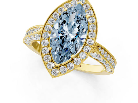 Yellow gold Fancy Blue Marquise Cut Halo Diamond Engagement Ring with Split Shank Band and Four-Prong Setting_1