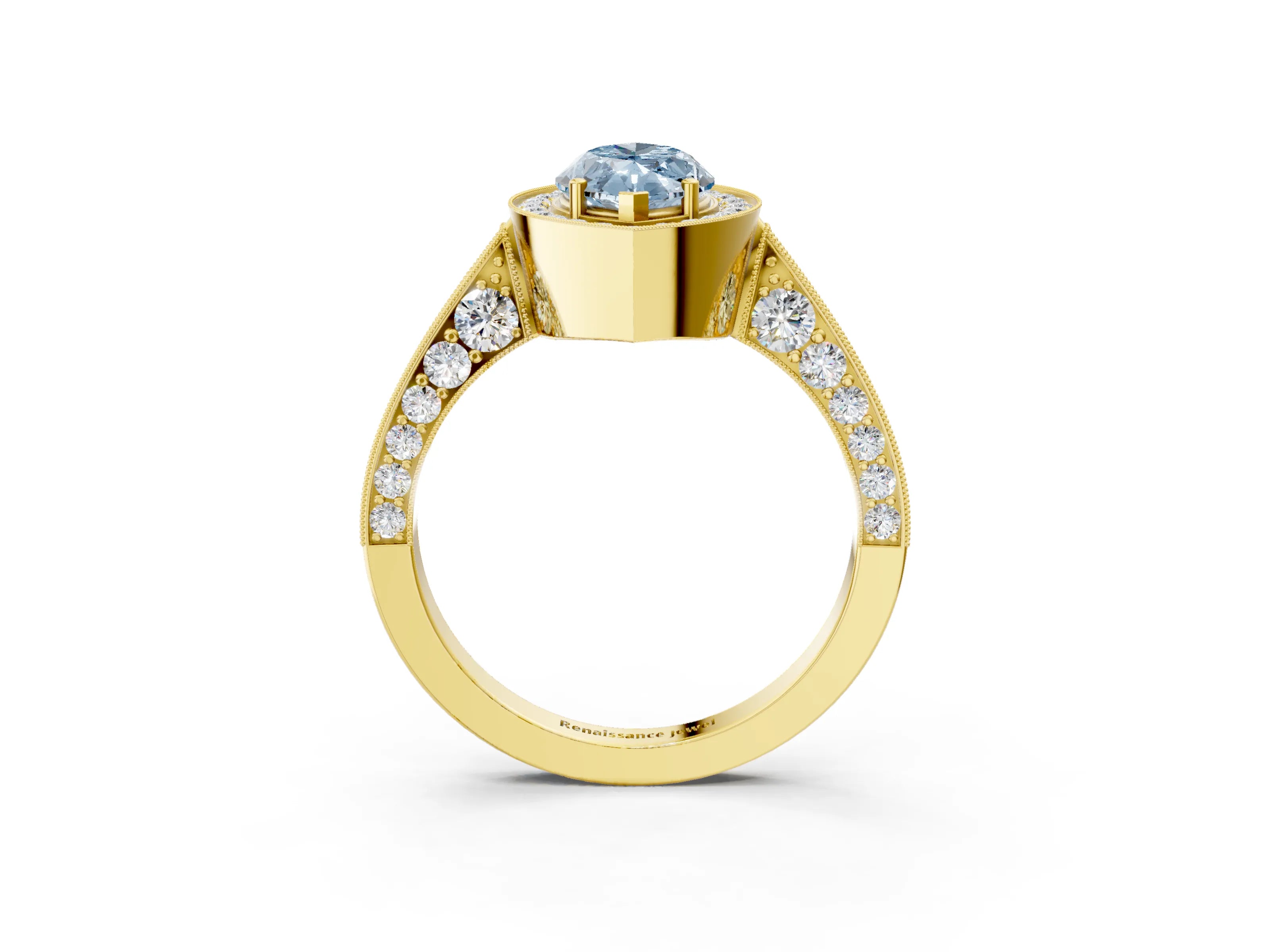 Yellow gold Fancy Blue Marquise Cut Halo Diamond Engagement Ring with Split Shank Band and Four-Prong Setting_3