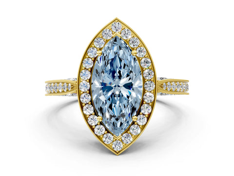 Yellow gold Fancy Blue Marquise Cut Halo Diamond Engagement Ring with Split Shank Band and Four-Prong Setting
