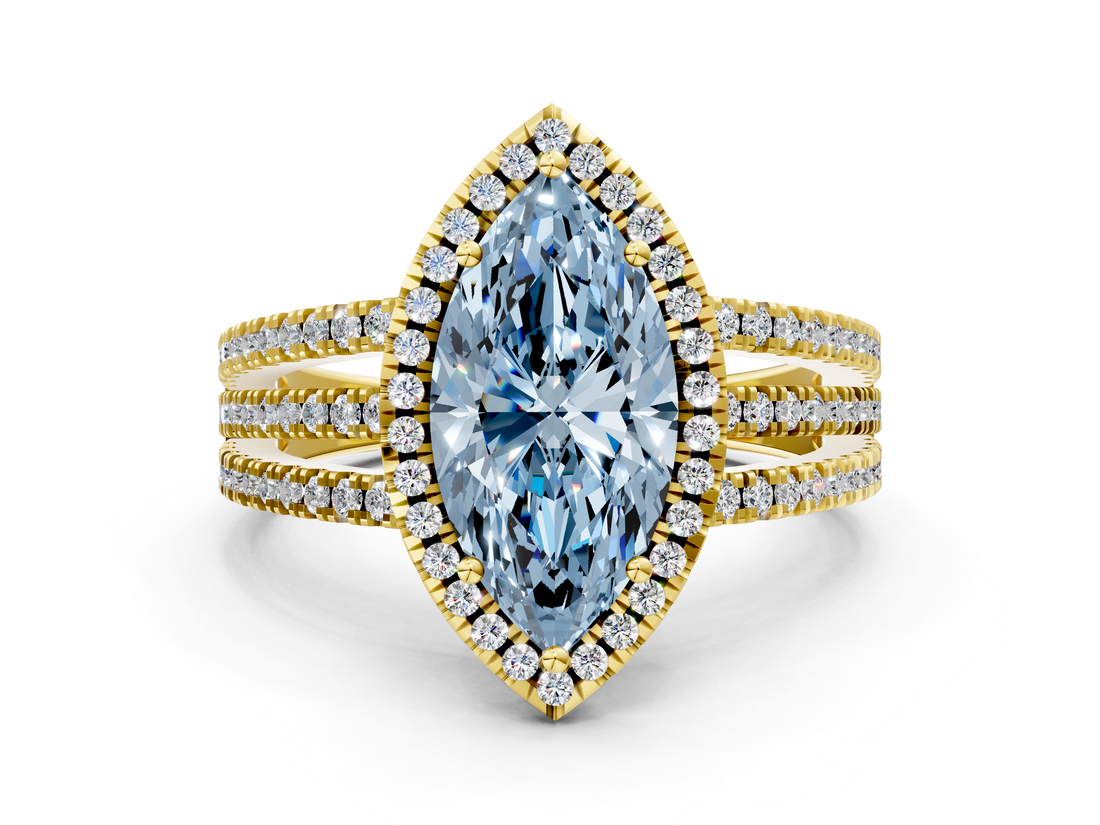 Yellow gold Fancy Blue Marquise  Cut Halo Diamond Engagement Ring with Split Shank and Four-Prong Setting_20