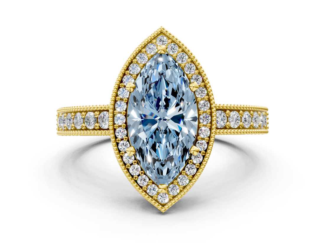 Yellow gold Fancy Blue Marquise  Cut Halo Diamond Pave Band Ring with Four-Prong Setting_25