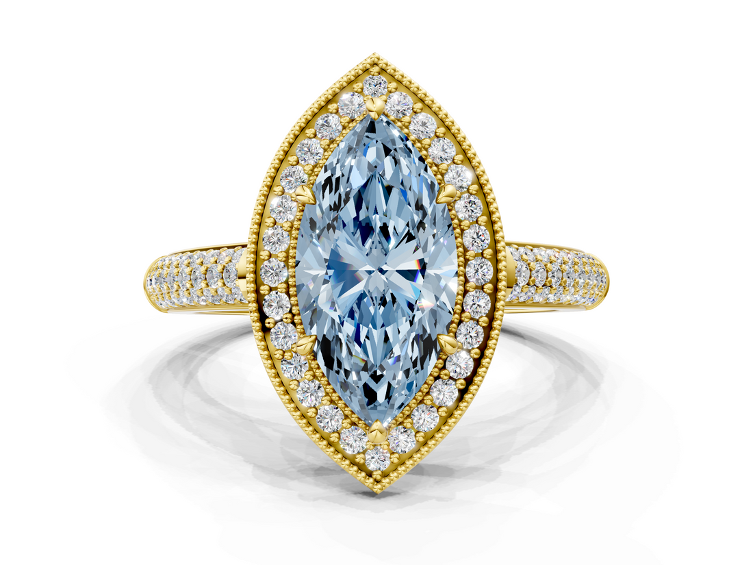 Yellow gold Fancy Blue Marquise  Cut Halo Diamond Pave Band with Four-Prong Setting_37