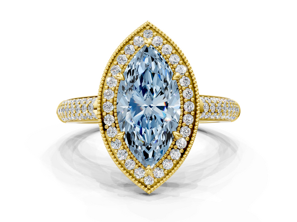 Yellow gold Fancy Blue Marquise  Cut Halo Diamond Pave Band with Four-Prong Setting