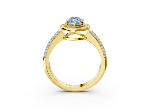 Yellow gold Fancy Blue Marquise  Cut Halo Diamond Pave Band with Four-Prong Setting