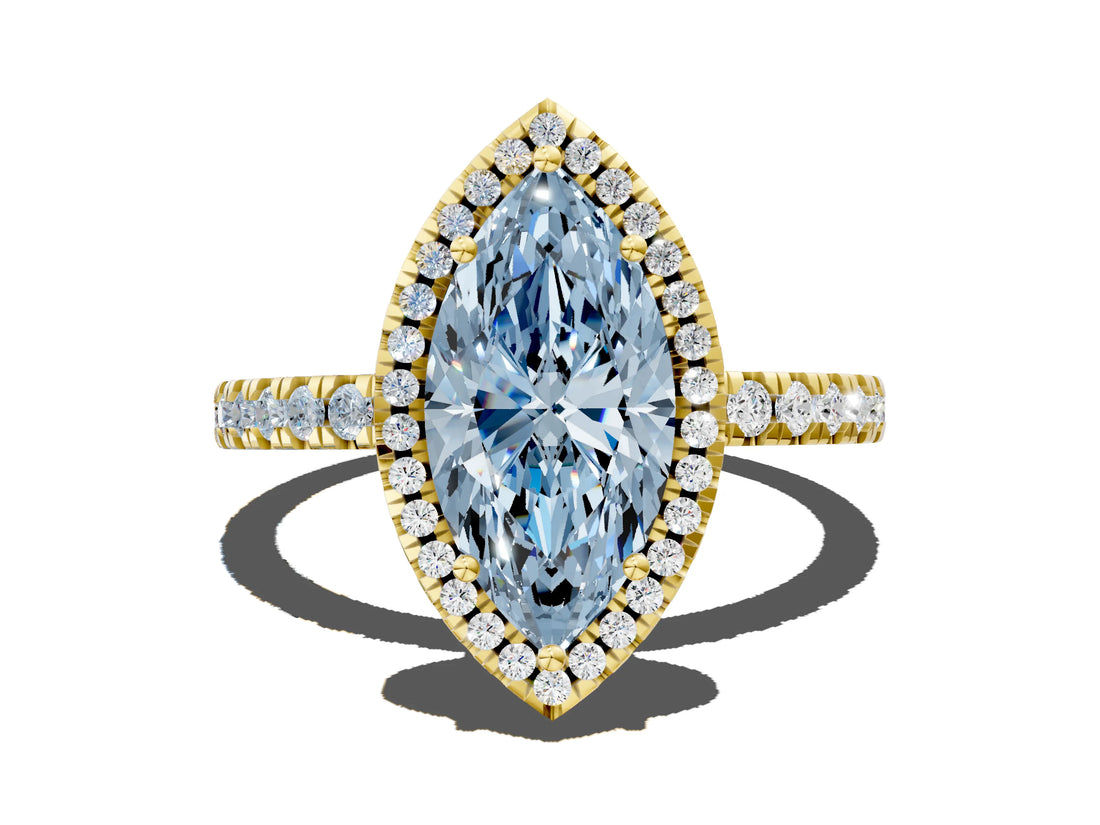 Yellow gold Fancy Blue Marquise Cut Halo Diamond Pave Band with Prong Setting