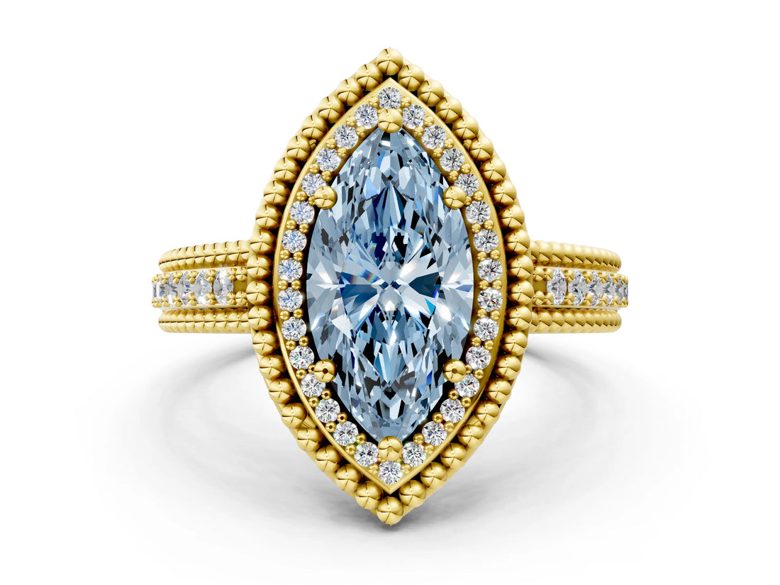 Yellow gold Fancy Blue Marquise Cut Halo Diamond Ring with Beaded Split Shank and Four-Prong Setting