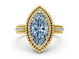 Yellow gold Fancy Blue Marquise Cut Halo Diamond Ring with Beaded Split Shank and Four-Prong Setting