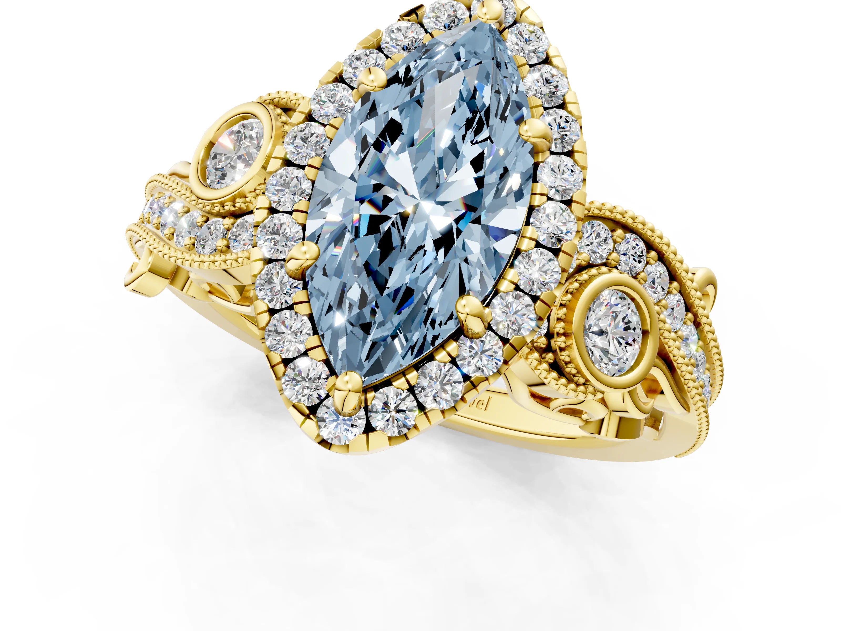 Yellow gold Fancy Blue Marquise Cut Halo Diamond Ring with Milgrain and Bezel Accents on a Split Shank Band_1