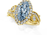 Yellow gold Fancy Blue Marquise Cut Halo Diamond Ring with Milgrain and Bezel Accents on a Split Shank Band_13