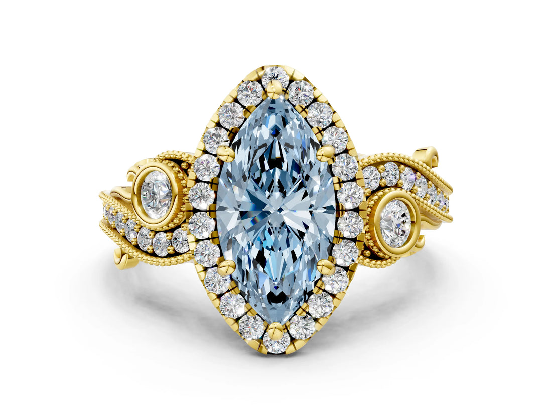 Yellow gold Fancy Blue Marquise Cut Halo Diamond Ring with Milgrain and Bezel Accents on a Split Shank Band_13