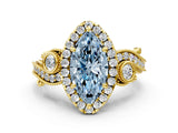 Yellow gold Fancy Blue Marquise Cut Halo Diamond Ring with Milgrain and Bezel Accents on a Split Shank Band_13