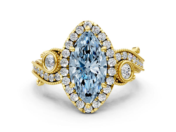 Yellow gold Fancy Blue Marquise Cut Halo Diamond Ring with Milgrain and Bezel Accents on a Split Shank Band