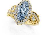 Yellow gold Fancy Blue Marquise Cut Halo Diamond Ring with Milgrain and Bezel Accents on a Split Shank Band_14