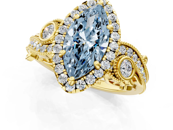 Yellow gold Fancy Blue Marquise Cut Halo Diamond Ring with Milgrain and Bezel Accents on a Split Shank Band