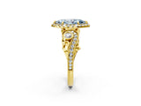 Yellow gold Fancy Blue Marquise Cut Halo Diamond Ring with Milgrain and Bezel Accents on a Split Shank Band_15