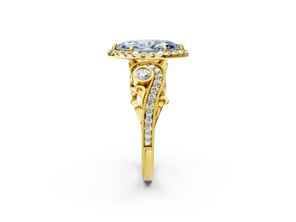 Yellow gold Fancy Blue Marquise Cut Halo Diamond Ring with Milgrain and Bezel Accents on a Split Shank Band