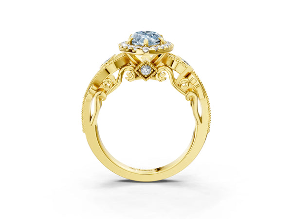 Yellow gold Fancy Blue Marquise Cut Halo Diamond Ring with Milgrain and Bezel Accents on a Split Shank Band