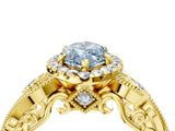 Yellow gold Fancy Blue Marquise Cut Halo Diamond Ring with Milgrain and Bezel Accents on a Split Shank Band_17