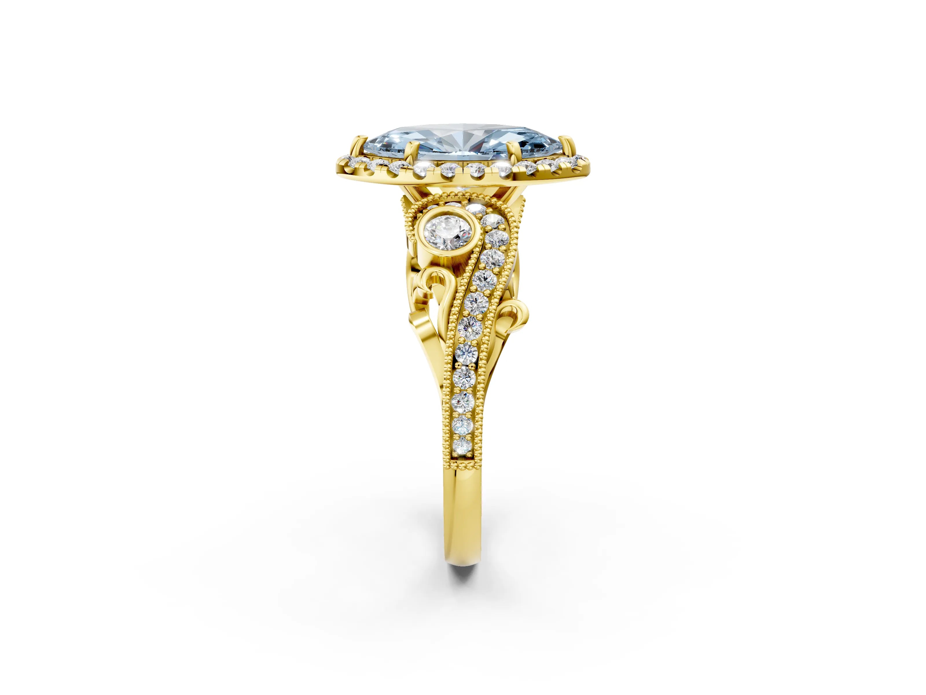 Yellow gold Fancy Blue Marquise Cut Halo Diamond Ring with Milgrain and Bezel Accents on a Split Shank Band_2