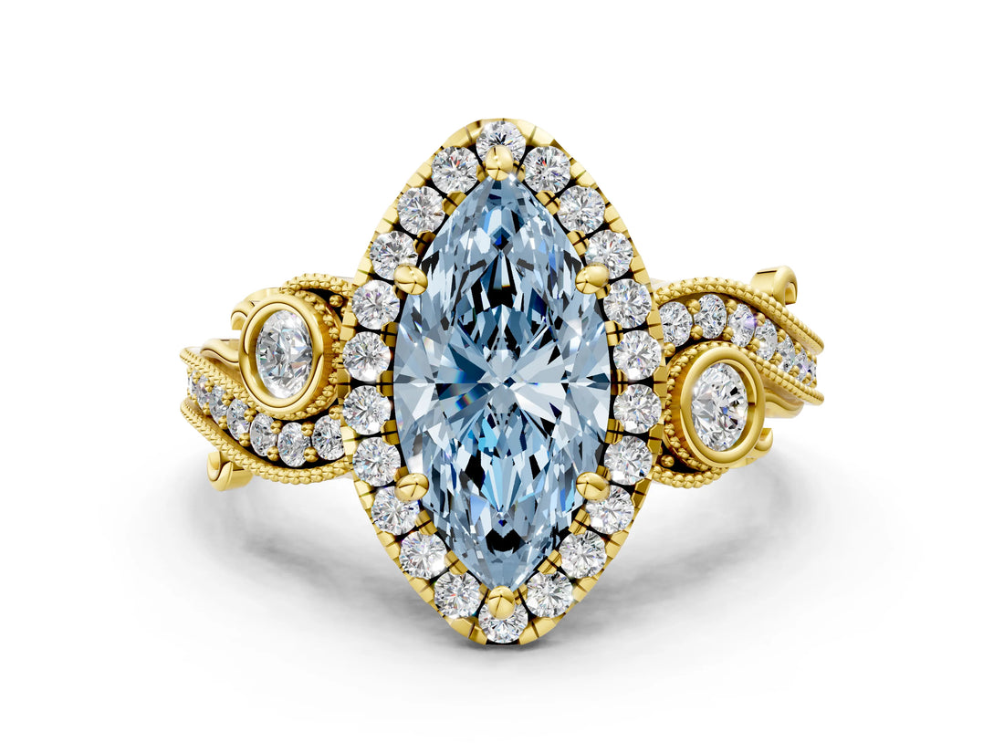 Yellow gold Fancy Blue Marquise Cut Halo Diamond Ring with Milgrain and Bezel Accents on a Split Shank Band_24