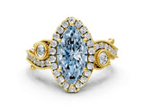 Yellow gold Fancy Blue Marquise Cut Halo Diamond Ring with Milgrain and Bezel Accents on a Split Shank Band_24