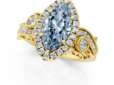 Yellow gold Fancy Blue Marquise Cut Halo Diamond Ring with Milgrain and Bezel Accents on a Split Shank Band_25
