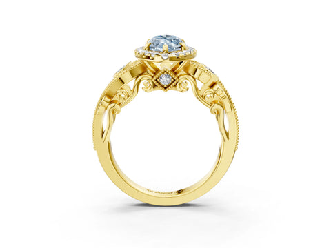 Yellow gold Fancy Blue Marquise Cut Halo Diamond Ring with Milgrain and Bezel Accents on a Split Shank Band_3