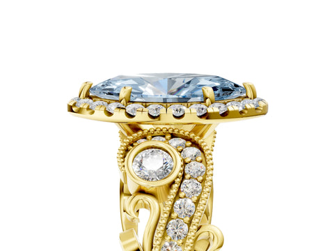 Yellow gold Fancy Blue Marquise Cut Halo Diamond Ring with Milgrain and Bezel Accents on a Split Shank Band_5