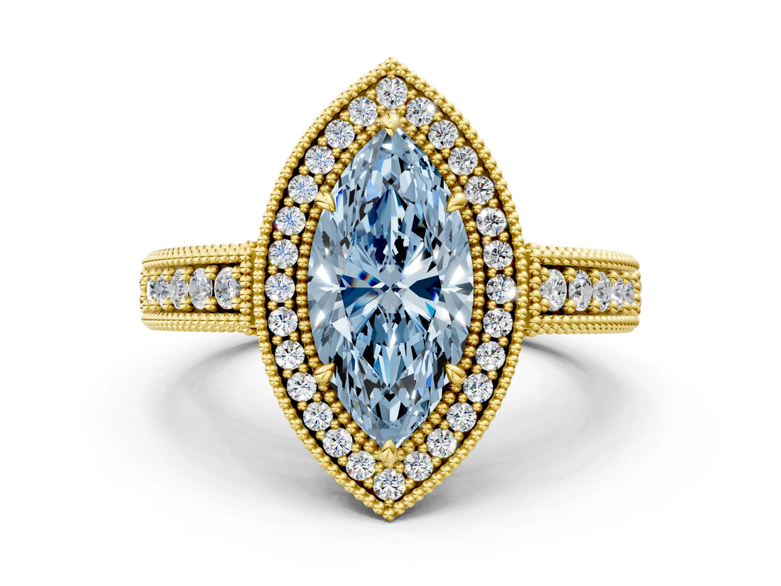 Yellow gold Fancy Blue Marquise  Cut Halo Diamond Ring with Pavé Band and Four-Prong Setting_68