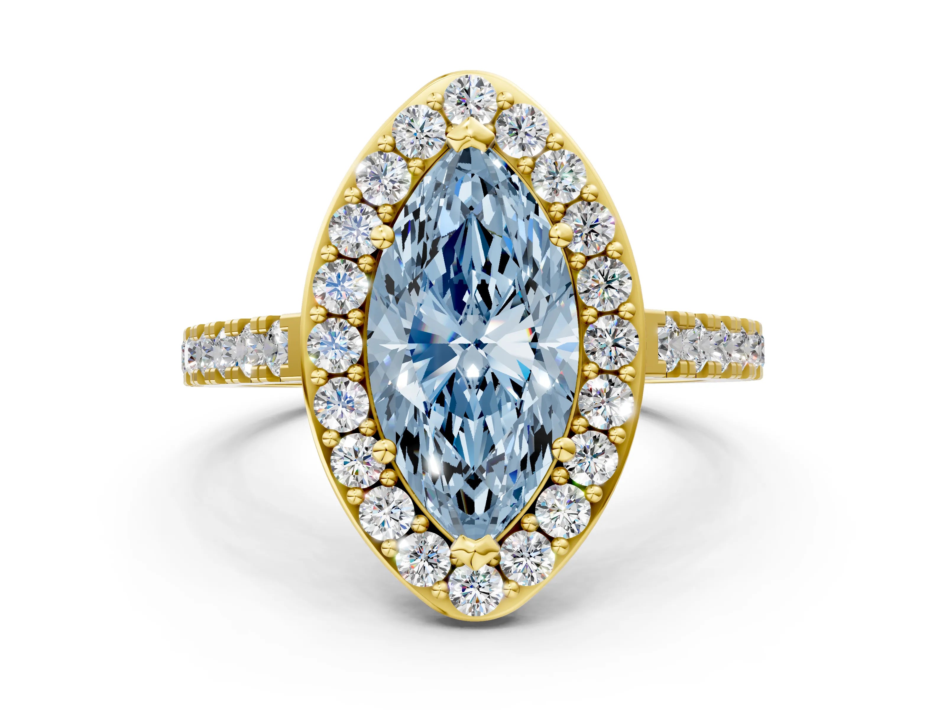 Yellow gold Fancy Blue Marquise Cut Halo Diamond Ring with Pavé Band and Three-Prong Setting