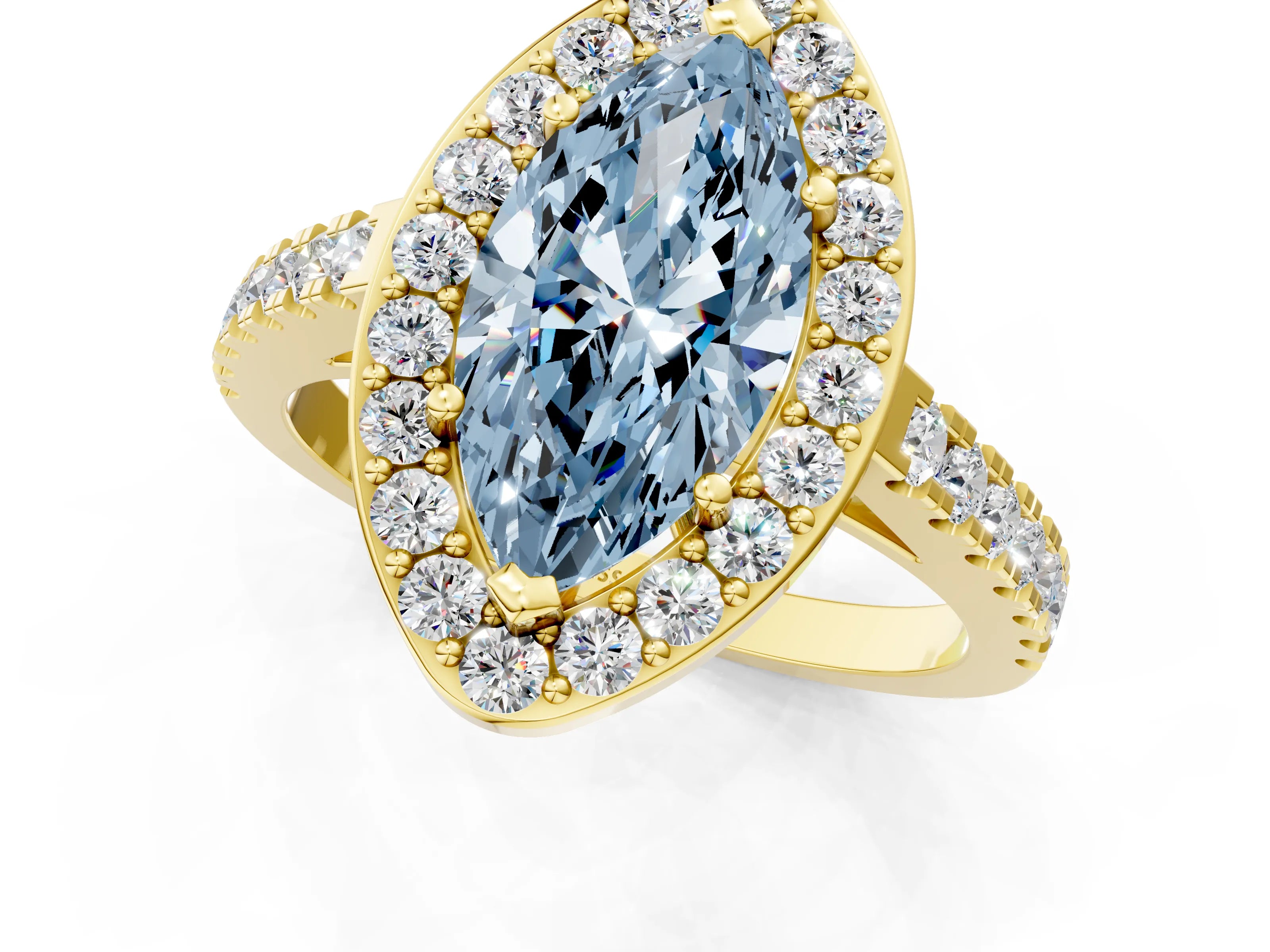 Yellow gold Fancy Blue Marquise Cut Halo Diamond Ring with Pavé Band and Three-Prong Setting_1
