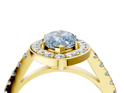 Yellow gold Fancy Blue Marquise Cut Halo Diamond Ring with Pavé Band and Three-Prong Setting_4