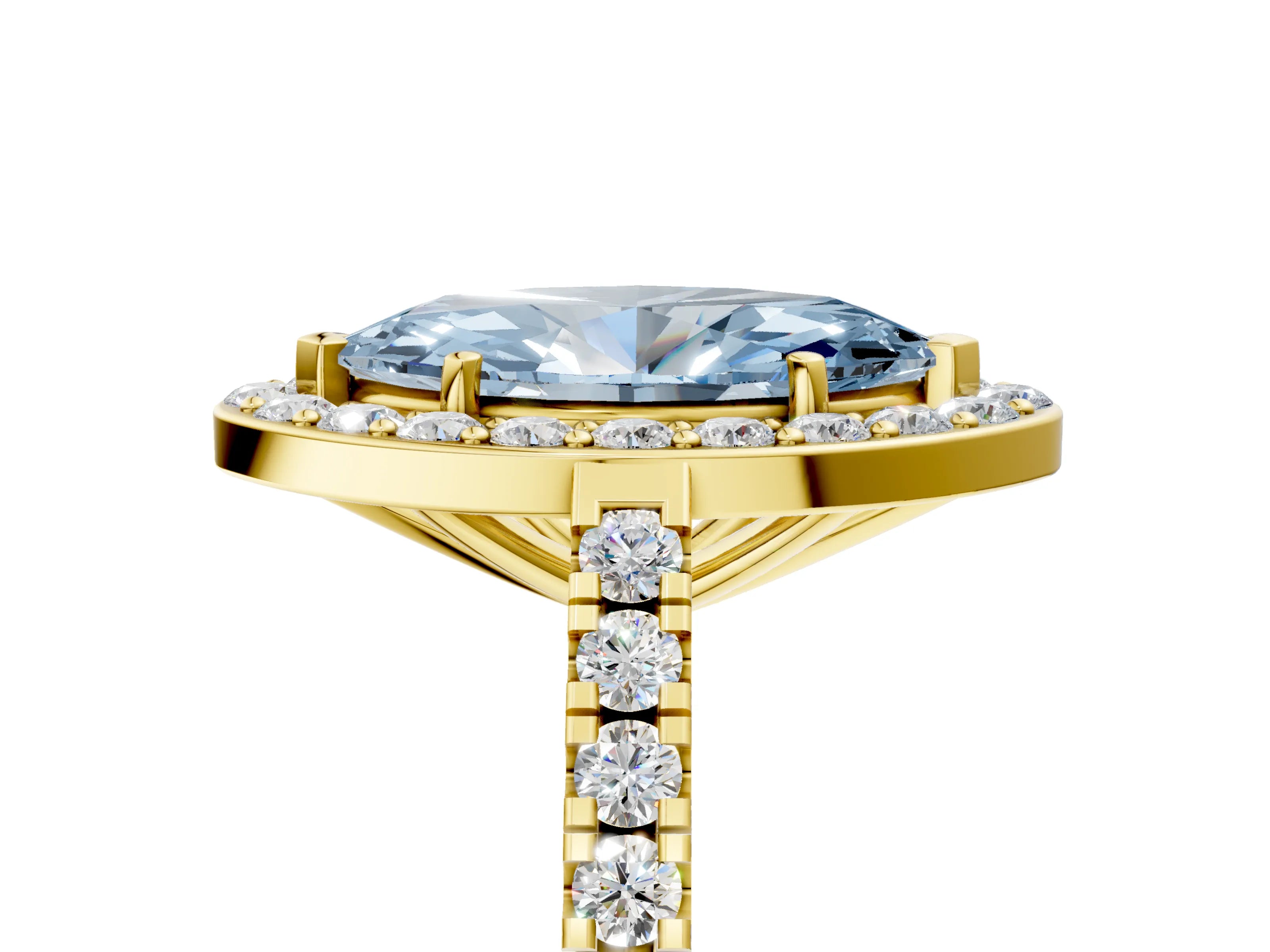 Yellow gold Fancy Blue Marquise Cut Halo Diamond Ring with Pavé Band and Three-Prong Setting_5