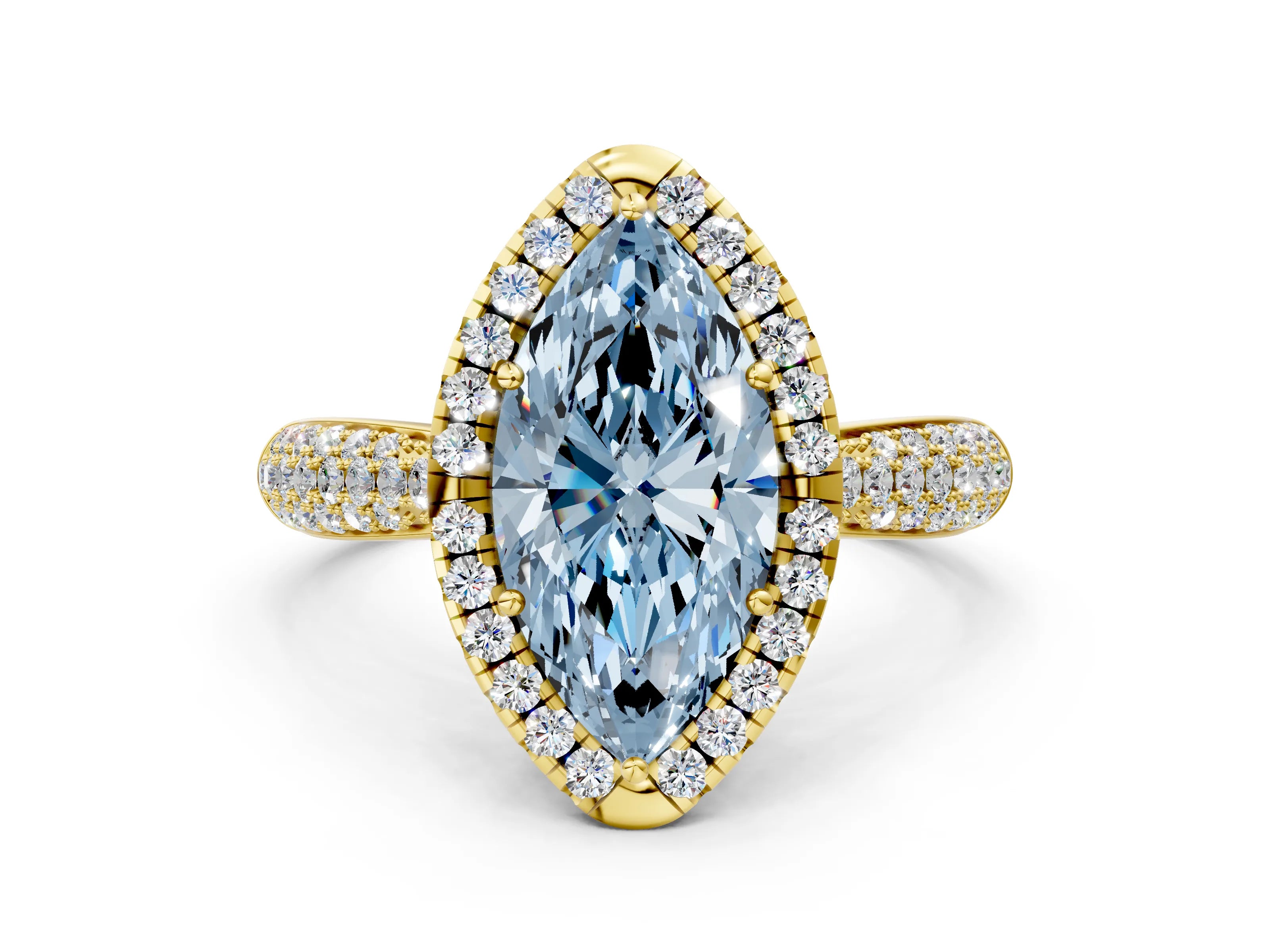Yellow gold Fancy Blue Marquise Cut Halo Diamond Ring with Pavé Band