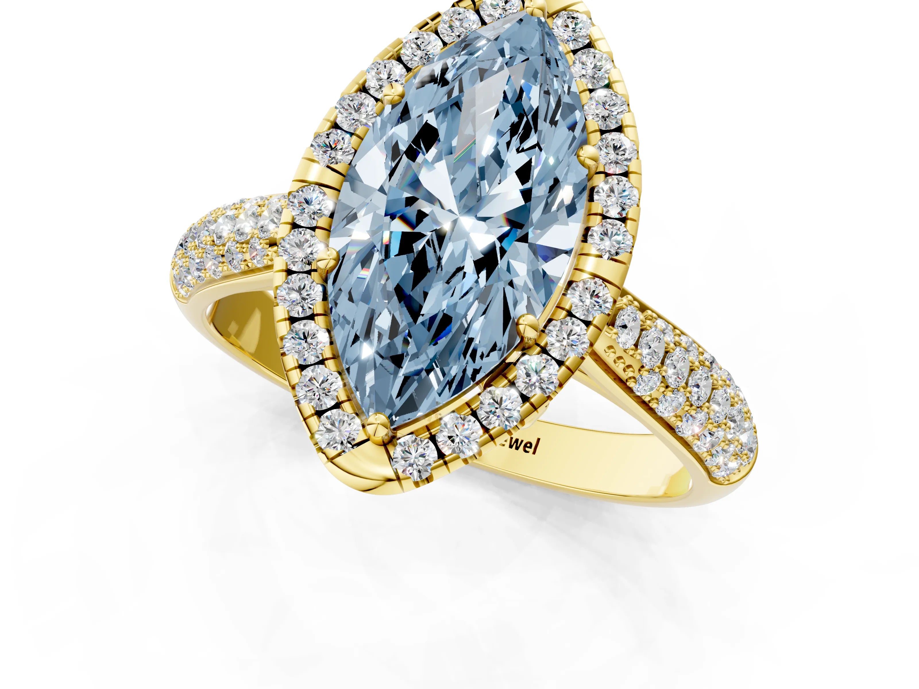 Yellow gold Fancy Blue Marquise Cut Halo Diamond Ring with Pavé Band_1