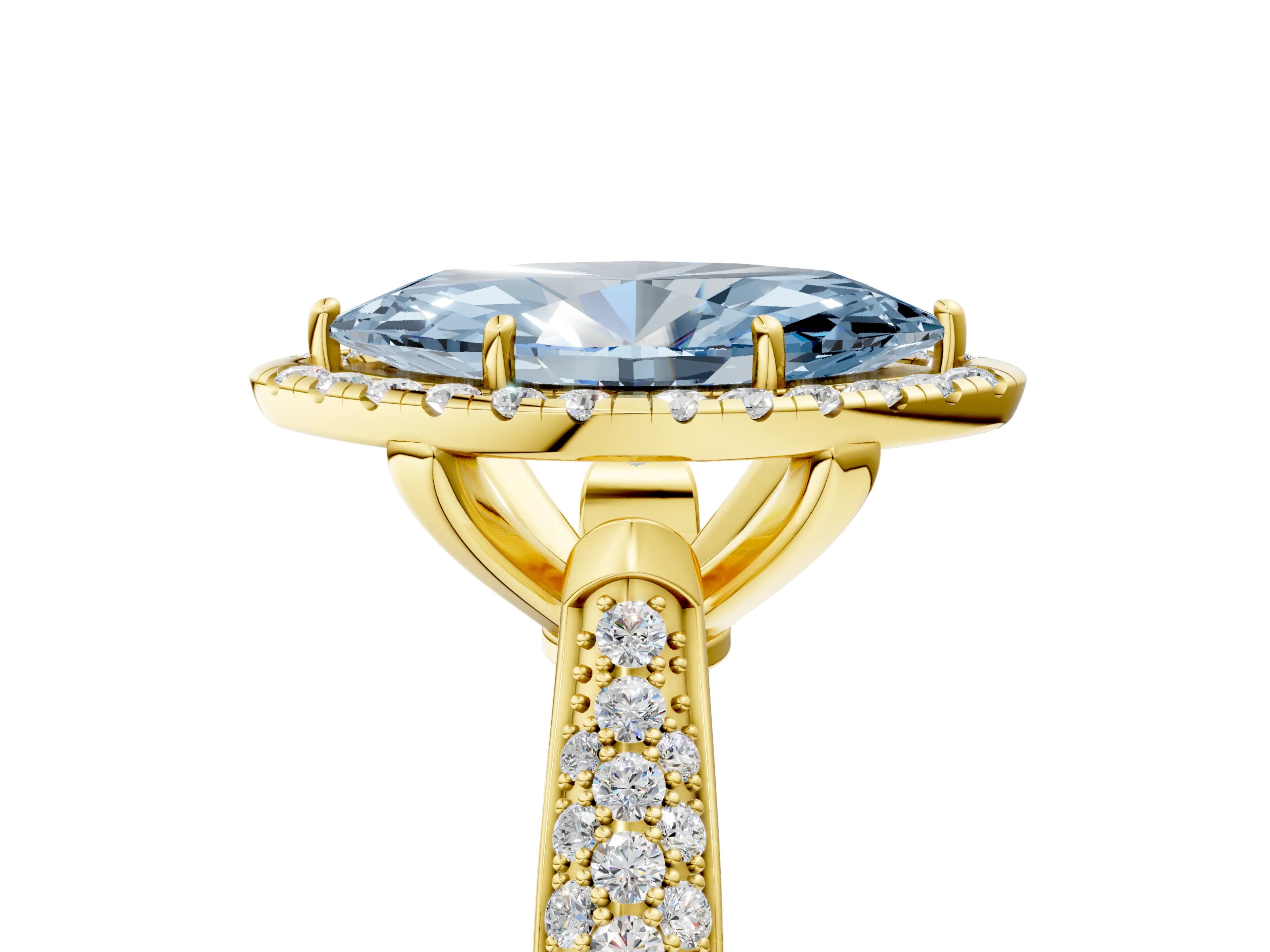 Yellow gold Fancy Blue Marquise Cut Halo Diamond Ring with Pavé Band_5
