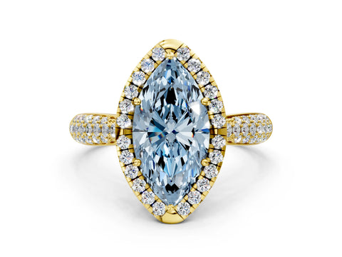 Yellow gold Fancy Blue Marquise Cut Halo Diamond Ring with Pavé Band