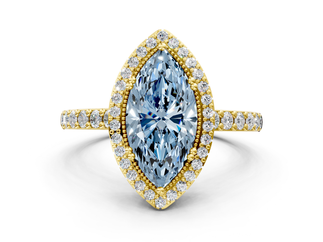 Yellow gold Fancy Blue Marquise  Cut Halo Diamond Ring with Pave Band and Four-Prong Setting_24