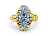 Yellow gold Fancy Blue Marquise  Cut Halo Diamond Ring with Scrollwork Band and Four-Prong Setting_101