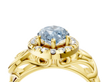 Yellow gold Fancy Blue Marquise  Cut Halo Diamond Ring with Scrollwork Band and Four-Prong Setting_105