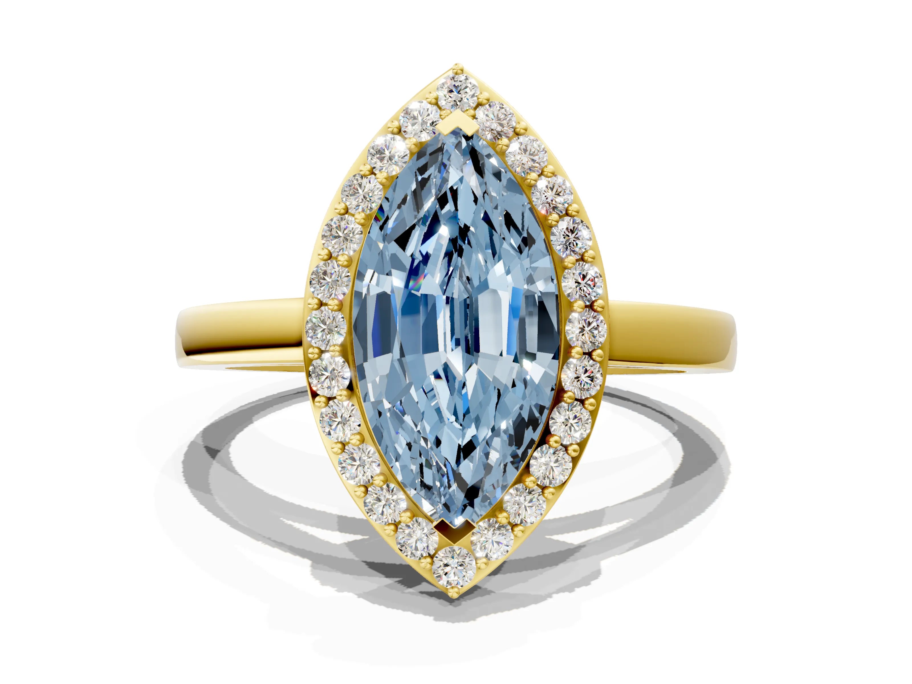 Yellow gold Fancy Blue Marquise Cut Halo Diamond Ring with Solitaire Band and Prong Setting