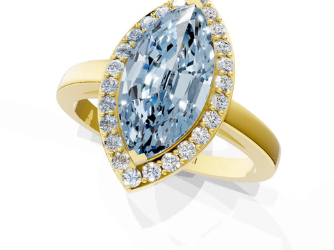 Yellow gold Fancy Blue Marquise Cut Halo Diamond Ring with Solitaire Band and Prong Setting_1
