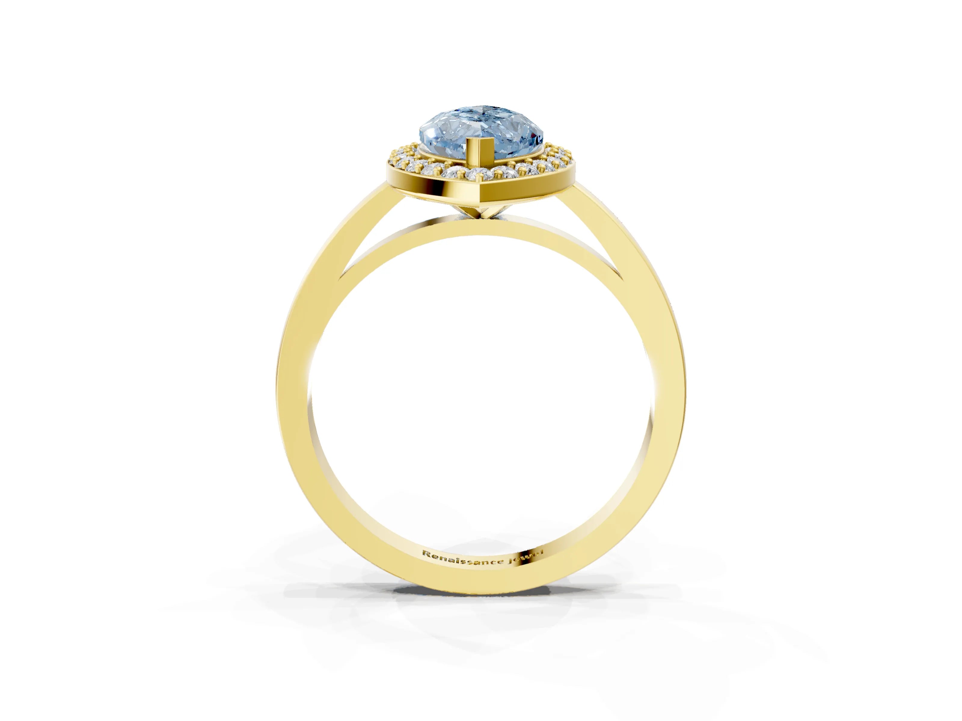 Yellow gold Fancy Blue Marquise Cut Halo Diamond Ring with Solitaire Band and Prong Setting_3
