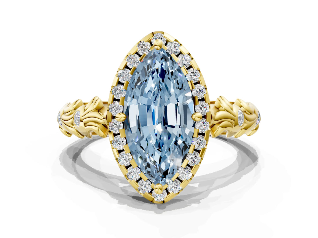 Yellow gold Fancy Blue Marquise Cut Halo Diamond Solitaire with Filigree Band and Four-Prong Setting