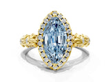 Yellow gold Fancy Blue Marquise Cut Halo Diamond Solitaire with Filigree Band and Four-Prong Setting