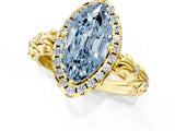Yellow gold Fancy Blue Marquise Cut Halo Diamond Solitaire with Filigree Band and Four-Prong Setting_1
