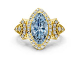 Yellow gold Fancy Blue Marquise Cut Halo Diamond Split Shank Engagement Ring with Four-Prong Setting