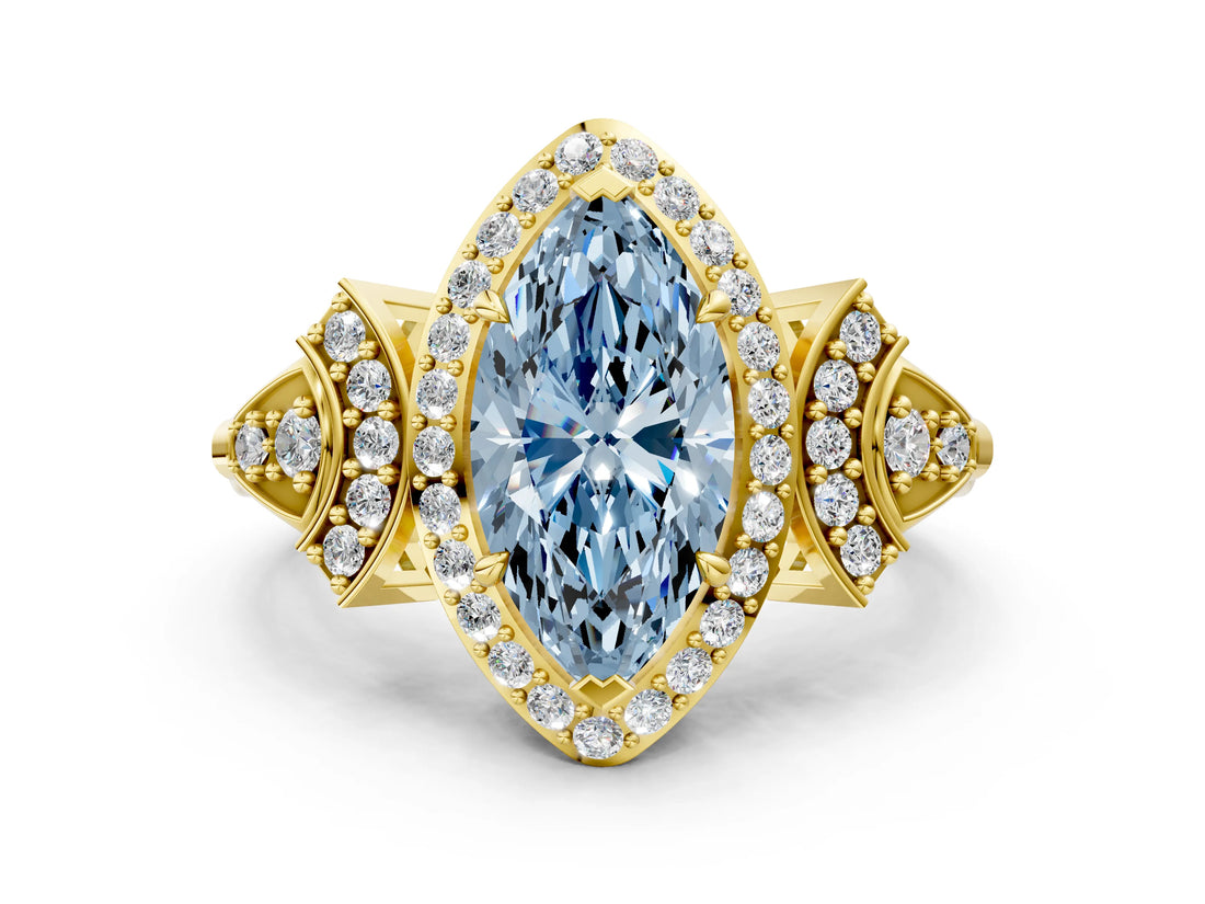 Yellow gold Fancy Blue Marquise Cut Halo Diamond Split Shank Engagement Ring with Four-Prong Setting_6