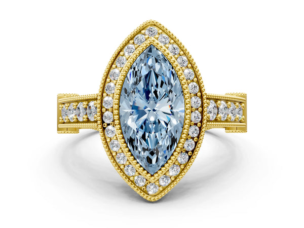 Yellow gold Fancy Blue Marquise Cut Halo Diamond Split Shank Pave Ring